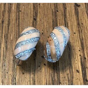 Vintage Sterling 925 Silver Clip On Rhinestone Enamel Curved Swirl Peach 12.69g